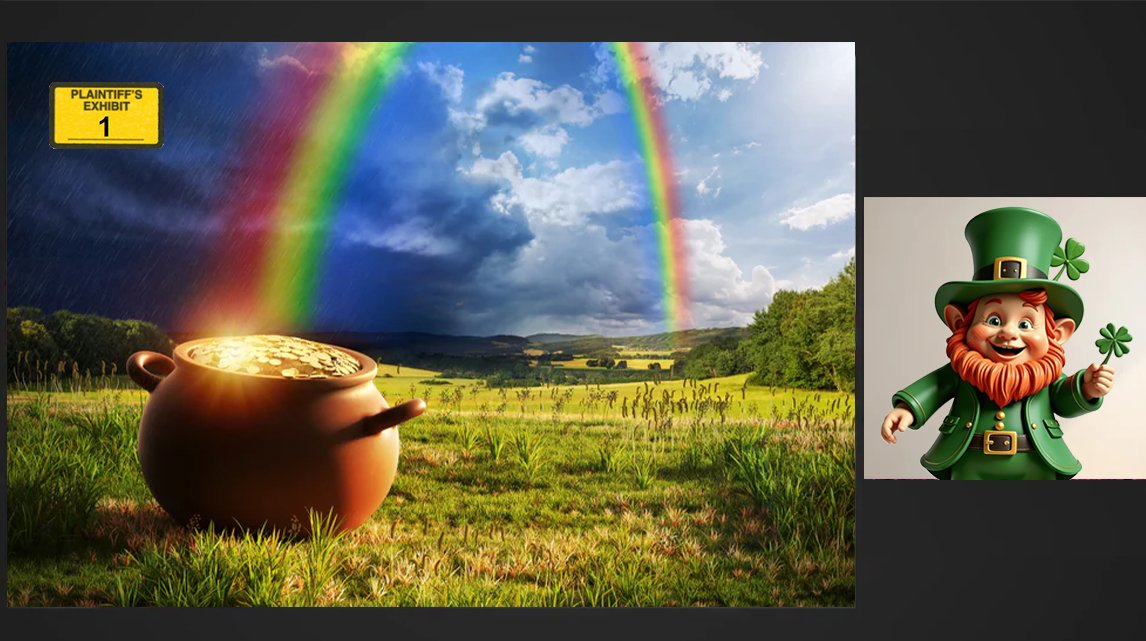 IRLegalVideo's tweet image. Sworn in and shamrockin’! 🍀⚖️ This leprechaun is testifying that there IS a pot of gold at the end of the rainbow.

#stpatricksday #luckydeposition #goldstandardtestimony #leprechaun #luck #remotedeposition #exhibits #shamrock #irish #americaslegalvideoexperts