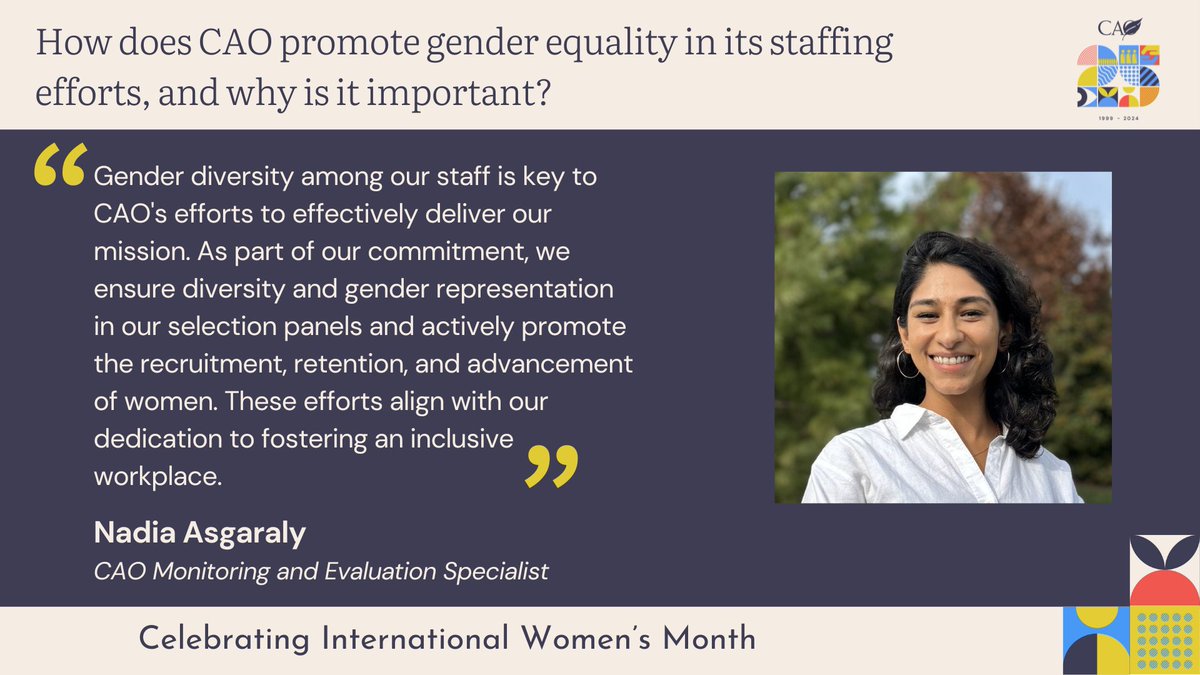 Celebrating International Women's Month! ✨

This month, we’re highlighting the inspiring women on our team and sharing their voices across different functions and areas of our work.

👉 Meet Nadia Asgaraly, Monitoring and Evaluation Specialist at CAO.

#InternationalWomensMonth