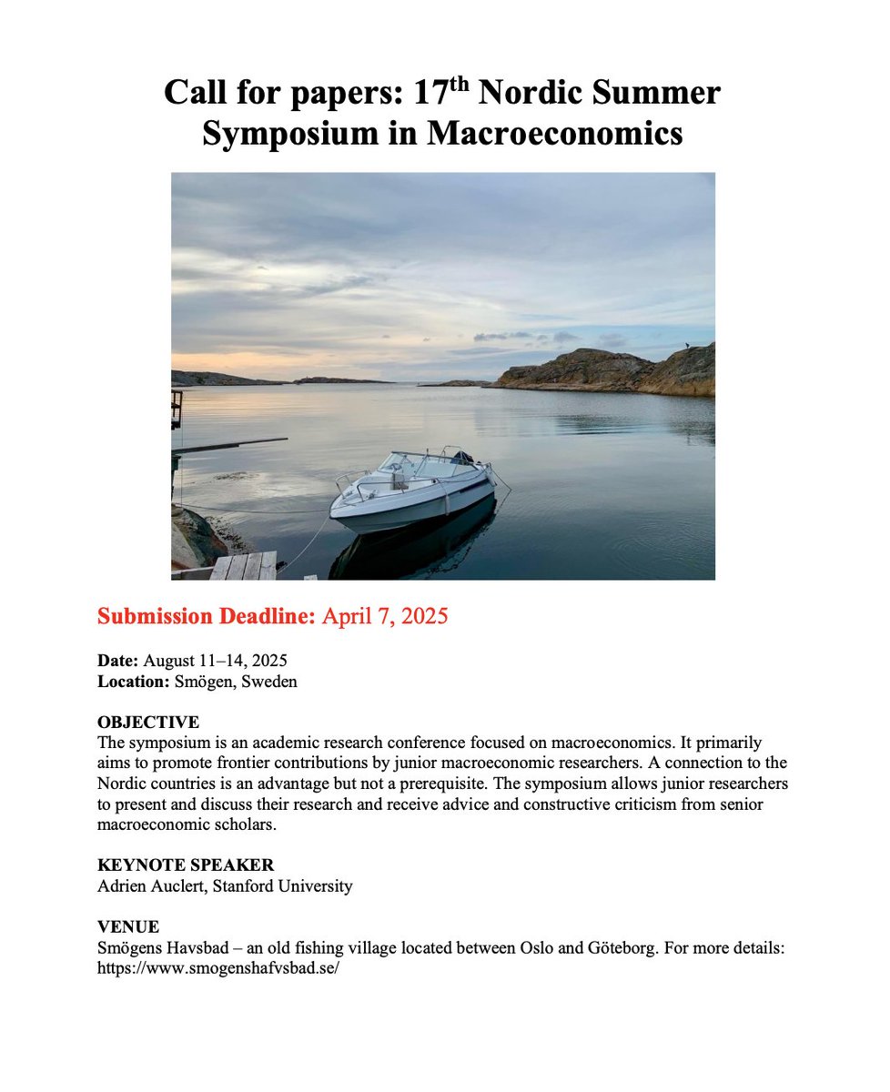 Kurt MIT-shock-man (@sorrytobekurt) on Twitter photo 🚨 Call for Papers 🚨
Now accepting submissions for the 17th Annual Normac conference
Keynote <a href="/a_auclert/">Adrien Auclert</a>
Juniors in macro apply! A connection to the Nordics a + but not required.
Send papers or abstracts to: normac.conference@gmail.com
by April 7, 2025
dropbox.com/scl/fi/z6nlyry… 🚨 Call for Papers 🚨
Now accepting submissions for the 17th Annual Normac conference
Keynote <a href="/a_auclert/">Adrien Auclert</a>
Juniors in macro apply! A connection to the Nordics a + but not required.
Send papers or abstracts to: normac.conference@gmail.com
by April 7, 2025
dropbox.com/scl/fi/z6nlyry…