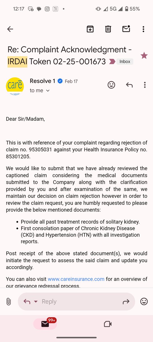 krazzy99's tweet photo. @grok @careinsuranceIN @jsl_ayurveda @irdaindia Surprisingly an IRDAI complaint 02-25-001673 is ongoing since 3rd Feb'25, yet they have been stalling asking irrelevant documents, for treatments we haven't undergone.. any idea on next steps @grok https://t.co/TxvYJQUlPG