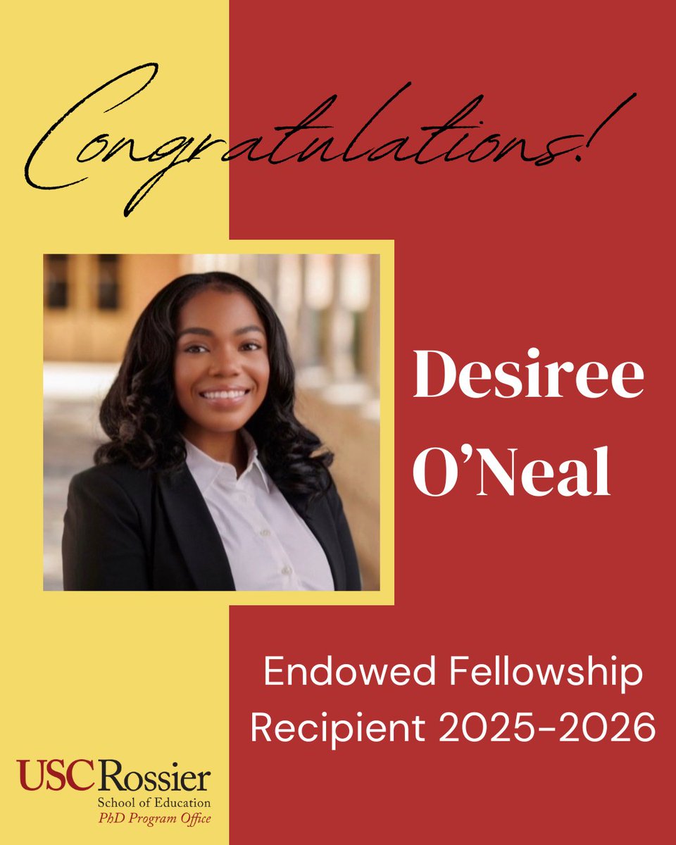 USC Rossier PhD Program Office (@uscrossierphd) on Twitter photo Congratulations to PhD candidate Desiree OβNeal <a href="/desireeoneal_/">Desiree OβNeal</a> for being awarded a
<a href="/USCGradSchool/">USC Graduate School</a> Endowed Fellowship for the 2025-2026 academic year! Congratulations to PhD candidate Desiree OβNeal <a href="/desireeoneal_/">Desiree OβNeal</a> for being awarded a
<a href="/USCGradSchool/">USC Graduate School</a> Endowed Fellowship for the 2025-2026 academic year!