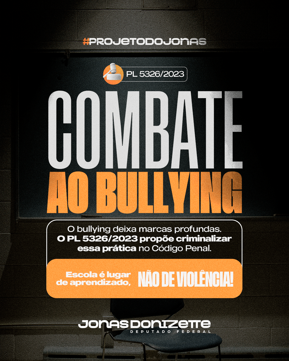 O bullying pode causar marcas profundas na vida de crianças e adolescentes. Para combater essa realidade, apresentei o PL 5326/2023, que propõe tornar essa prática crime no Código Penal.

A escola deve ser um espaço seguro para crianças e adolescentes!