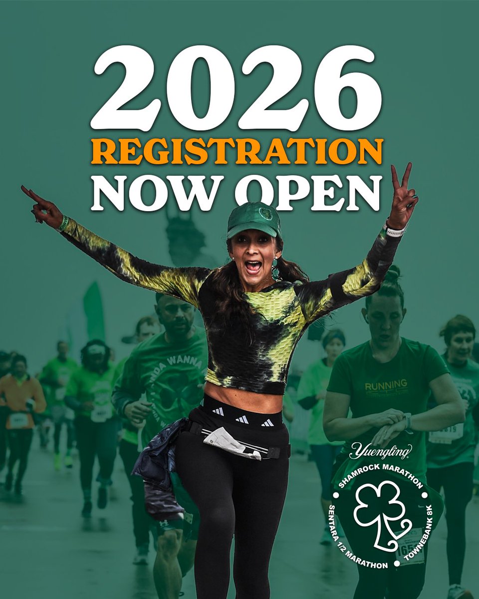2026 registration is now open for the 54th Yuengling Shamrock Marathon Weekend! ☘️ Register now and to secure your spot at the lowest rate it will be all year - on ALL distances. These sham-azing intro prices will vanish at 11:59PM on 3/21/25  
Register: bit.ly/4kMAkVp