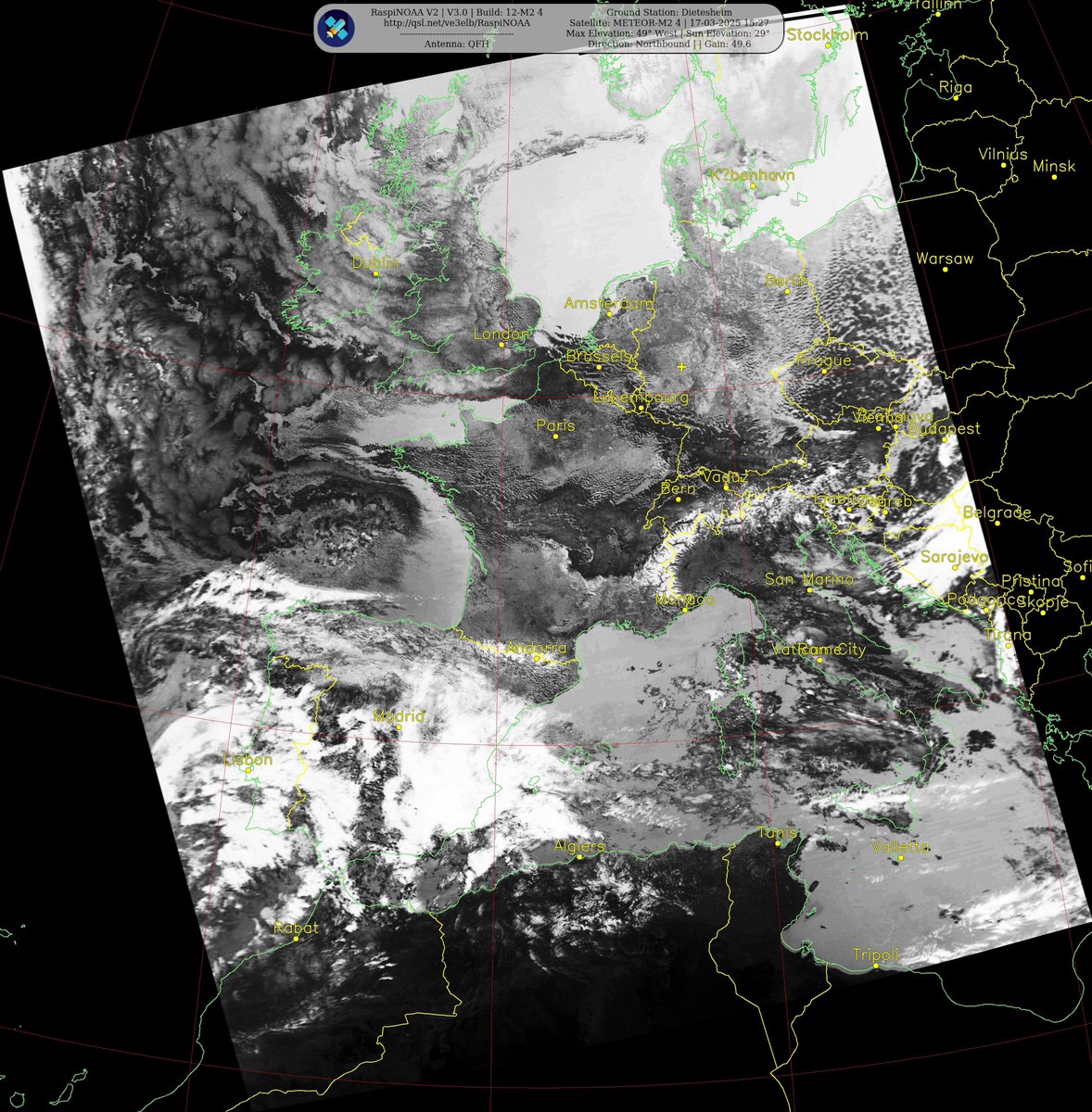 Ground Station: Dietesheim
Satellite: METEOR-M2 4 | 17-03-2025 15:27
Max Elevation: 49° West | Sun Elevation: 29°
Direction: Northbound F Gain: 49.6