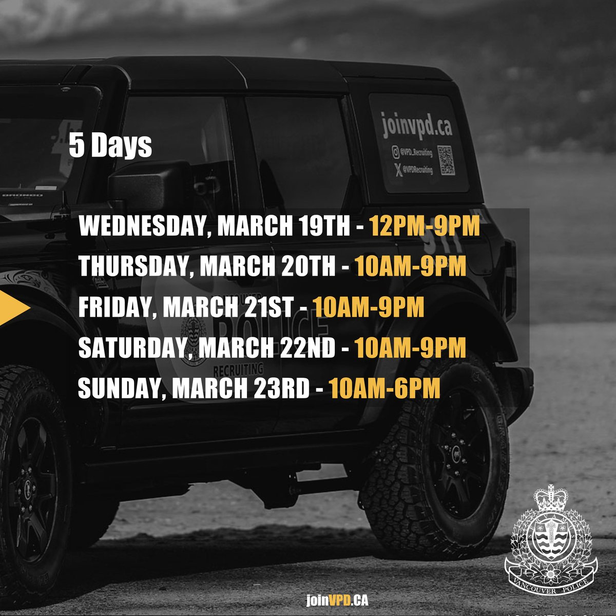VPDRecruiting's tweet photo. It’s that time again! 🚔 The @VancouverPD will be at the @VanAutoShow starting this Wednesday! Stop by to check out our vehicles, meet our team, and learn more about an exciting career with the #VPD. See you there! #VanAutoShow
#Ford #bronco #explore
#vancouver https://t.co/nNKmqQKvZv