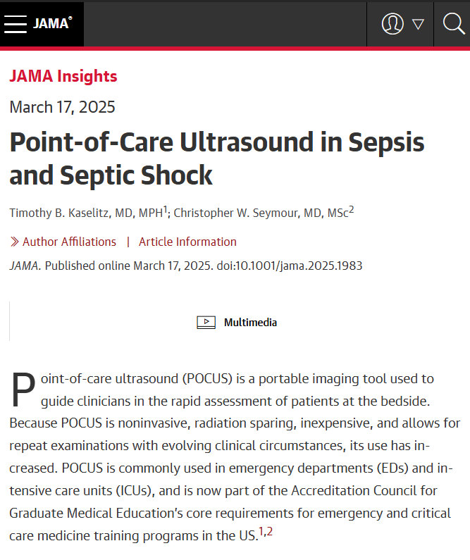 This JAMA Insights explores the use of portable point-of-care ultrasound and focused cardiac ultrasound imaging in the diagnosis and treatment of patients with sepsis and septic shock in the emergency department and intensive care unit. ja.ma/3RcBg7A