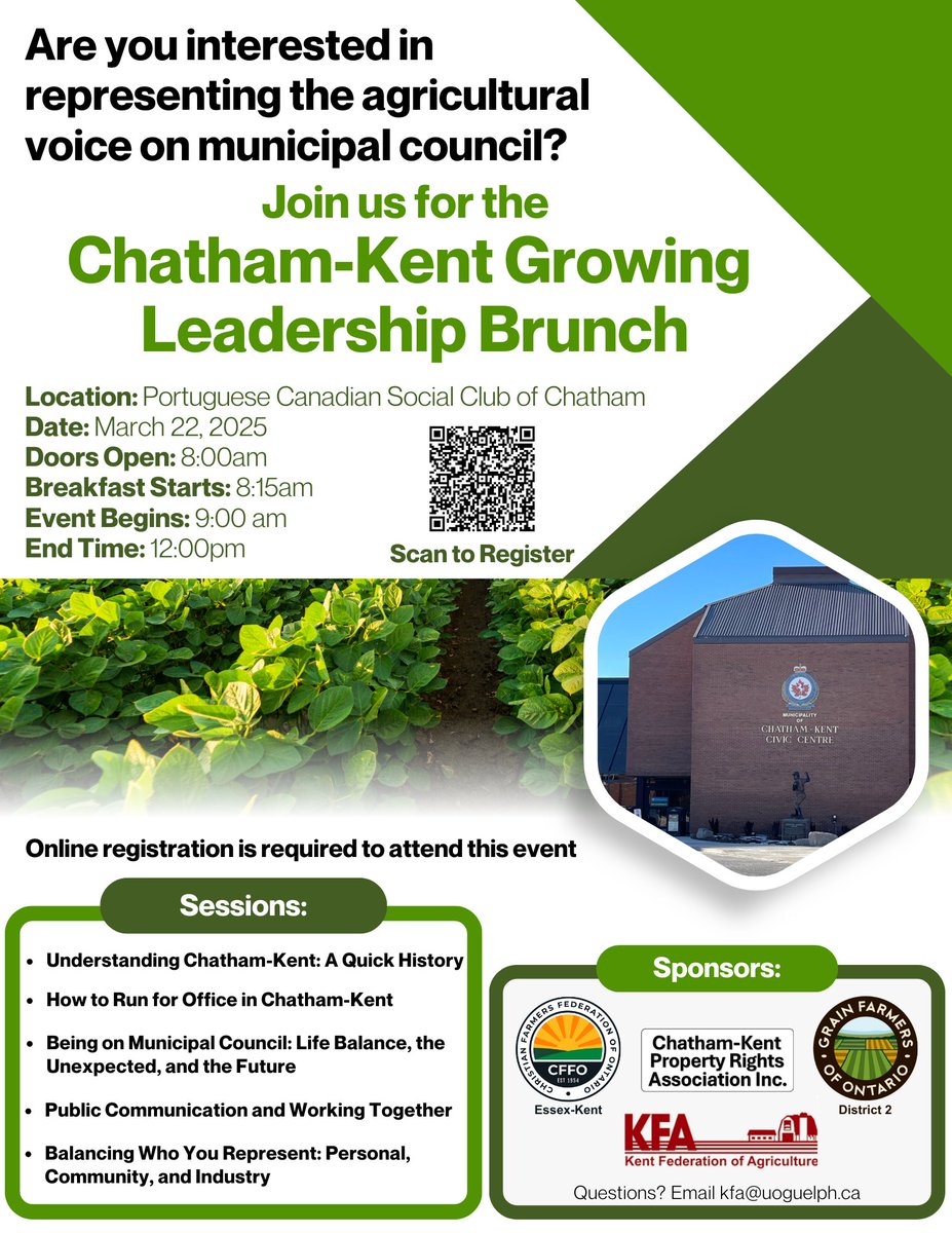 Charbonneau_Em's tweet photo. March 22nd #ckont

Join us for an informative leadership brunch developed for agriculturalists and rural champions with an interest in running for Chatham-Kent council.  Come out and learn the essential knowledge and skills to successfully run for and secure a seat on council. https://t.co/mjG1y2Q7mc