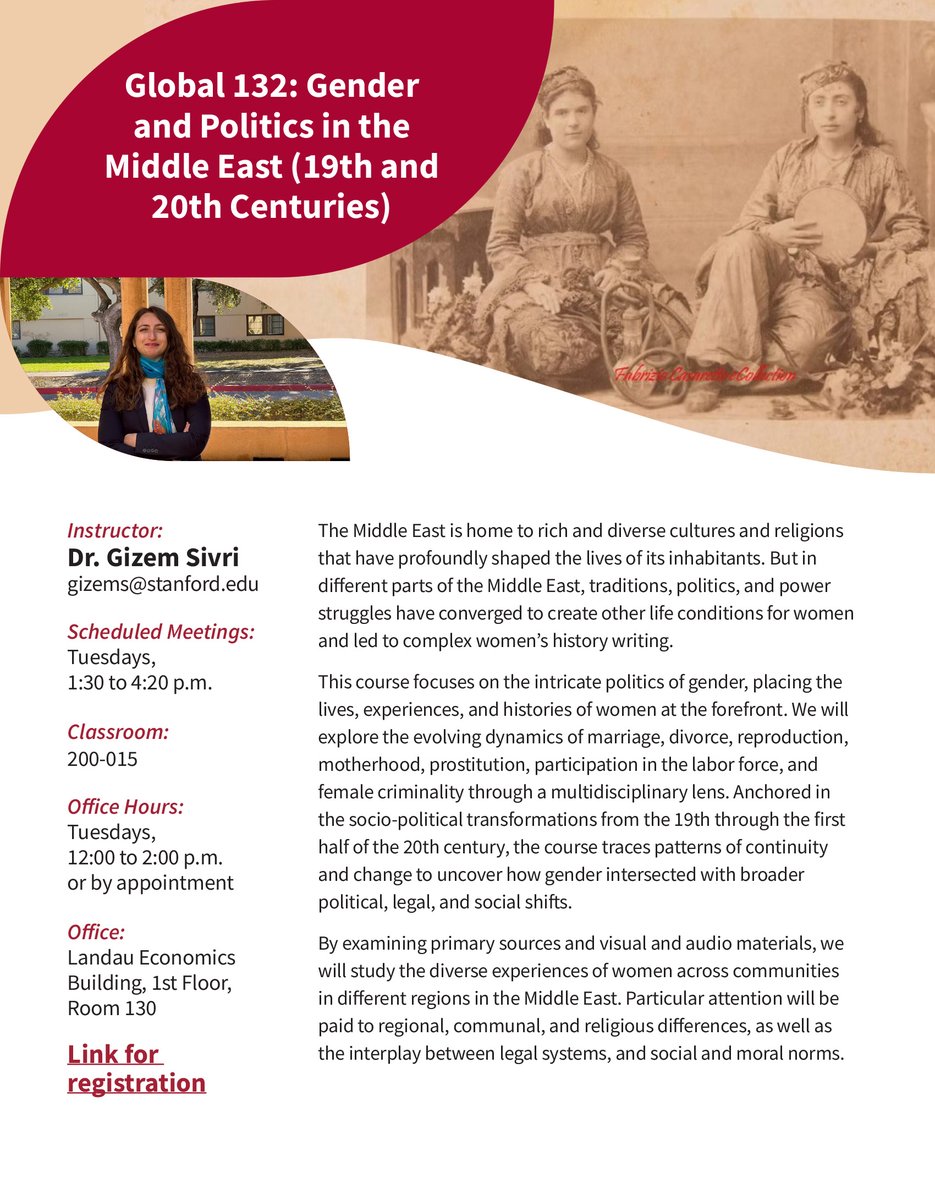 🔔🔔 We are excited to announce a new course on gender and politics in the Middle East offered this spring quarter! 📚🌱

𝗚𝗹𝗼𝗯𝗮𝗹 𝟭𝟯𝟮: 𝗚𝗲𝗻𝗱𝗲𝗿 𝗮𝗻𝗱 𝗣𝗼𝗹𝗶𝘁𝗶𝗰𝘀 𝗶𝗻 𝘁𝗵𝗲 𝗠𝗶𝗱𝗱𝗹𝗲 𝗘𝗮𝘀𝘁 (𝟭𝟵𝘁𝗵 𝗮𝗻𝗱 𝟮𝟬𝘁𝗵 𝗖𝗲𝗻𝘁𝘂𝗿𝗶𝗲𝘀)

Instructor: 𝗗𝗿.