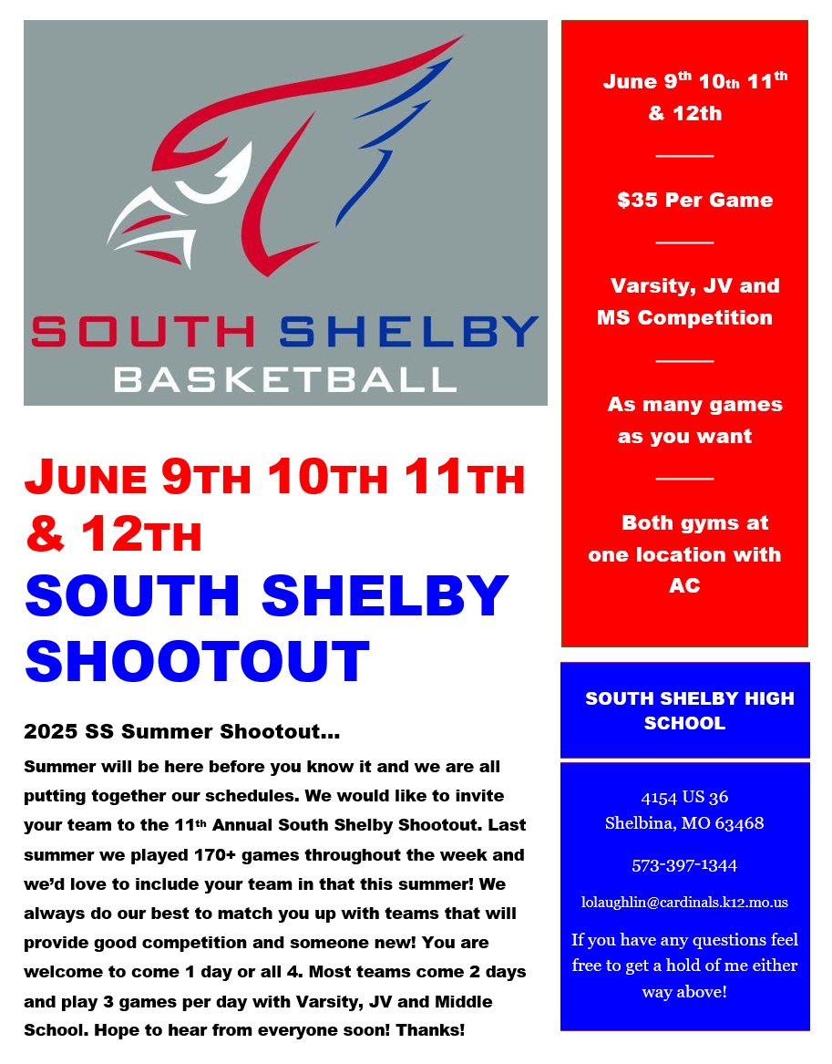 *South Shelby Shootout*

June 9-12

We had over 170 games last summer for our shootout and would love to have your team this summer! We already have teams signed up from MO and IL and have had IA teams in the past. Email or message Coach O if you'd like to sign up your team!