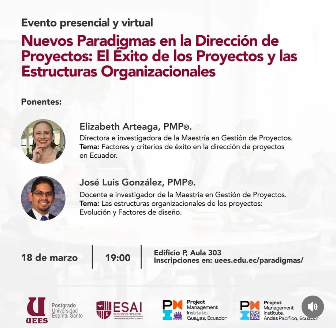 Estimados miembros del PMI Guayas

Los invitamos a participar en el primer evento de difusión de resultados prácticos de *investigaciones sobre la Gestión de Proyectos en Ecuador.*

✅ Regístrate aquí: uees.edu.ec/paradigmas/