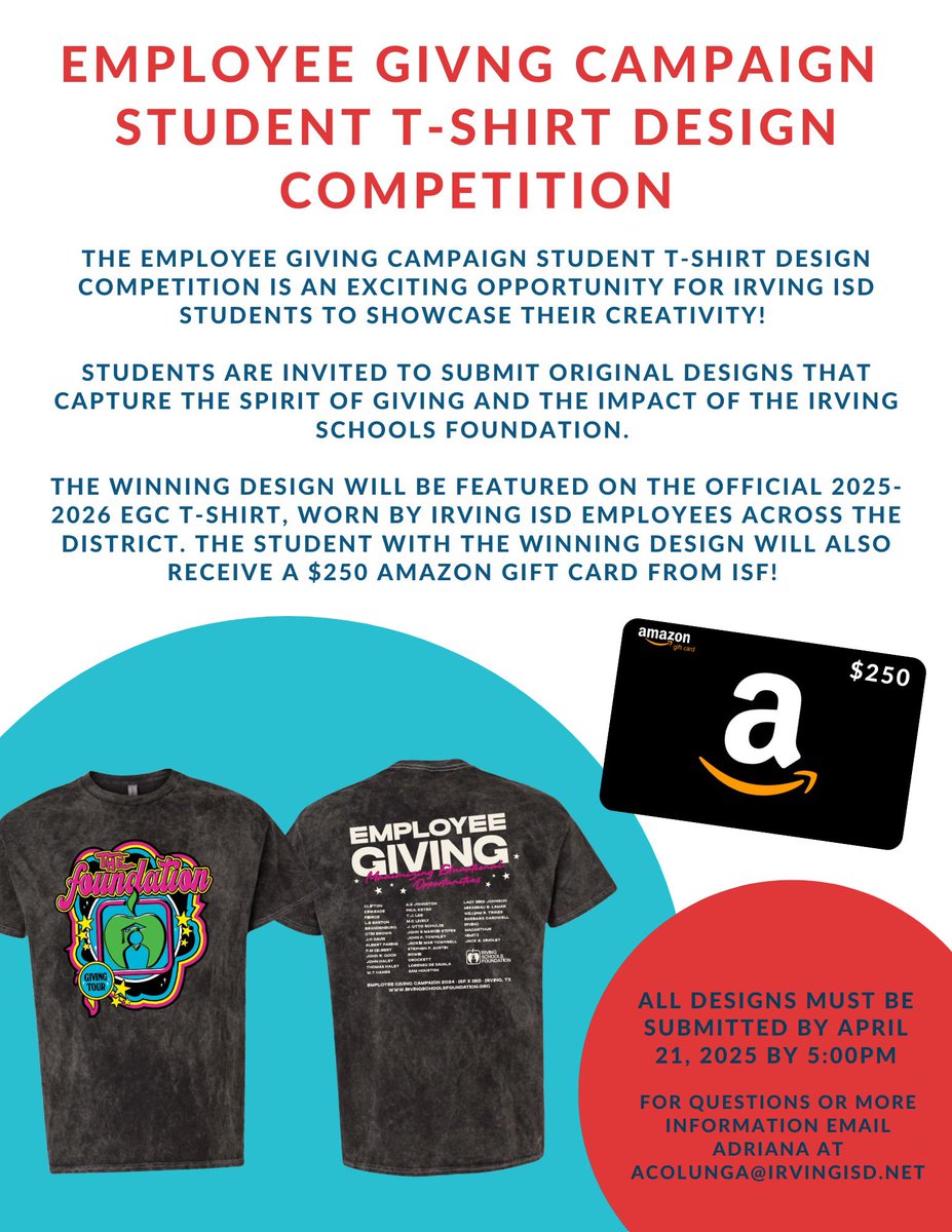 📢 CALLING ALL <a href="/IrvingISD/">Irving ISD</a> STUDENTS!

We are inviting IISD students to showcase their creativity by designing the official 2025 Employee Giving Campaign T-Shirt! 👕🤩

**COMPETITION RULES &amp; GUIDELINES**
🔗 - docs.google.com/document/d/1XD…