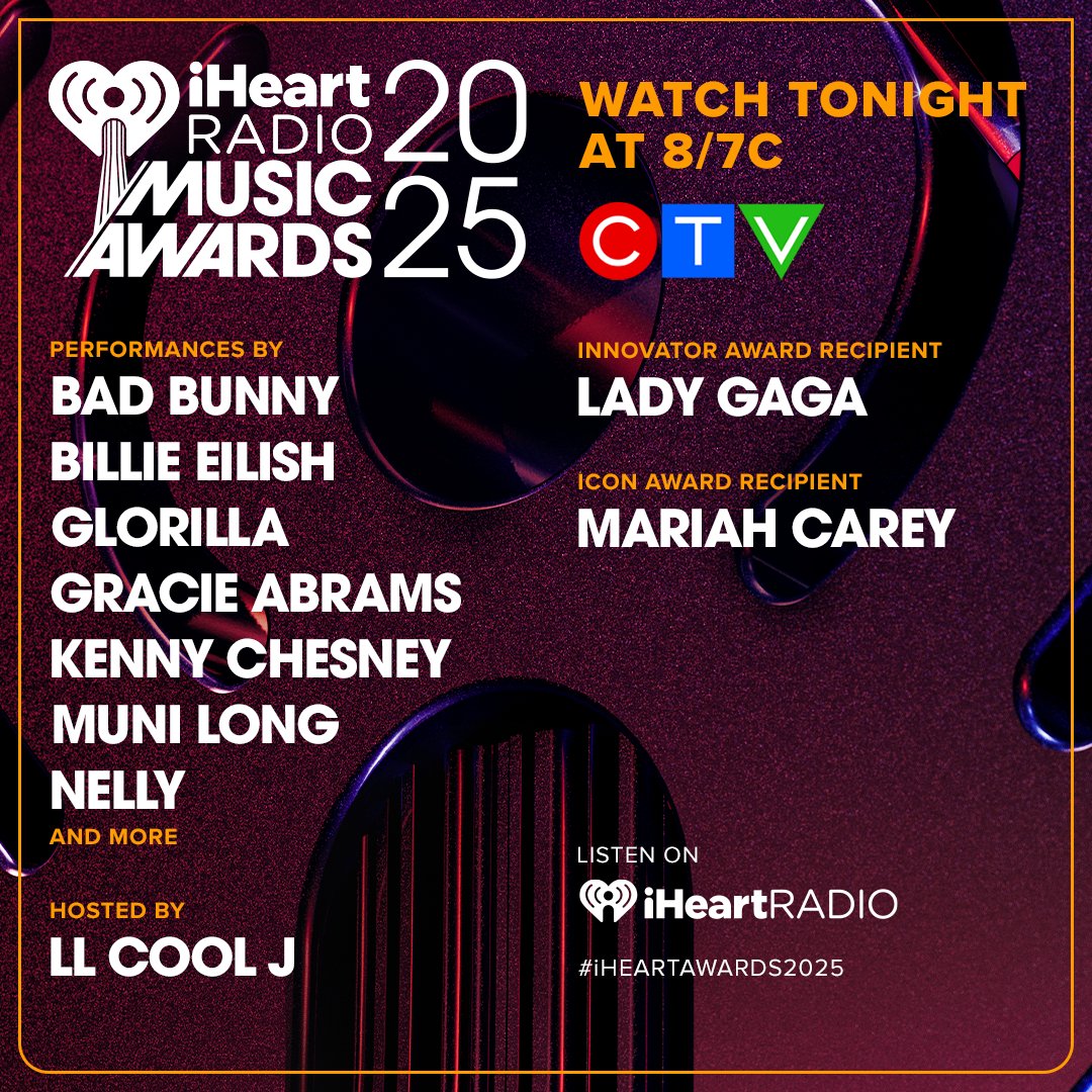 🚨 Don't miss the 2025 iHeartRadio Music Awards - TONIGHT at 8/7C on <a href="/CTV/">CTV</a>!  Join LL Cool J as he hosts a star-studded night featuring Bad Bunny, Billie Eilish, Kenny Chesney, Gracie Abrams &amp; MORE! Plus Shannon Burns on the #iHeartAwards2025 Red Carpet! bit.ly/4h70uPq