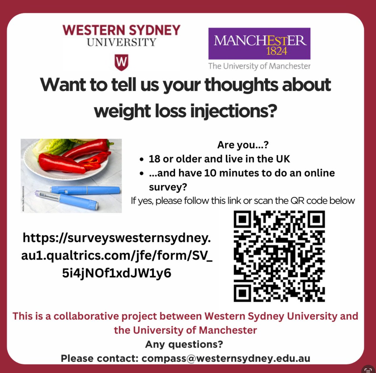Association for the Study of Obesity UK (@uk_aso) on Twitter photo 🚨 Survey Alert
Researchers from <a href="/OfficialUoM/">The University of Manchester</a> & <a href="/westernsydneyu/">Western Sydney University</a> are exploring the patterns & perceptions of GLP-1 weight loss injections (e.g., Ozempic/Wegovy) in 🇦🇺 & 🇬🇧
📢 If you're using or considering these medications, share your experience.
🔗 bit.ly/4bRAruN 🚨 Survey Alert
Researchers from <a href="/OfficialUoM/">The University of Manchester</a> & <a href="/westernsydneyu/">Western Sydney University</a> are exploring the patterns & perceptions of GLP-1 weight loss injections (e.g., Ozempic/Wegovy) in 🇦🇺 & 🇬🇧
📢 If you're using or considering these medications, share your experience.
🔗 bit.ly/4bRAruN