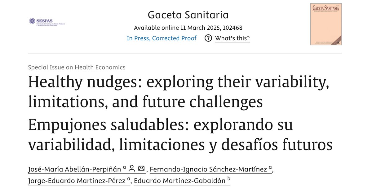 AES - Asociación de Economía de la Salud (@aeseconsalud) on Twitter photo Nueva entrega del monográfico <a href="/gacetasanitaria/">Gaceta Sanitaria</a> sobre #EconomíaDeLaSalud impulsado por AES.
"Empujones saludables: explorando su variabilidad, limitaciones y desafíos futuros" ✍️ <a href="/fernandoisanch/">Fernando I. Sánchez</a> @JorgeEduardoMp #EduardoMartinezGabaldon <a href="/DionisosAbellan/">José María Abellán</a>
📖 f.mtr.cool/coqgbxfxjt Nueva entrega del monográfico <a href="/gacetasanitaria/">Gaceta Sanitaria</a> sobre #EconomíaDeLaSalud impulsado por AES.
"Empujones saludables: explorando su variabilidad, limitaciones y desafíos futuros" ✍️ <a href="/fernandoisanch/">Fernando I. Sánchez</a> @JorgeEduardoMp #EduardoMartinezGabaldon <a href="/DionisosAbellan/">José María Abellán</a>
📖 f.mtr.cool/coqgbxfxjt