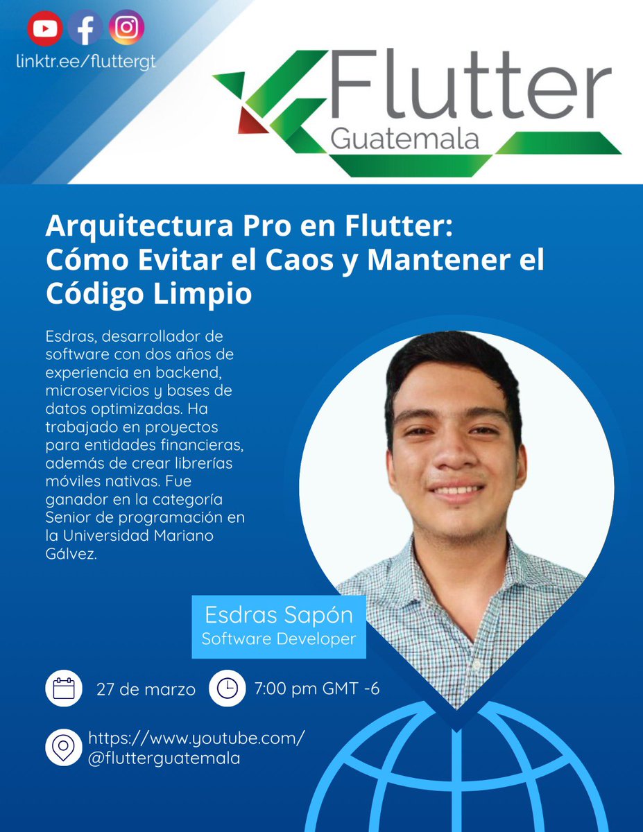 Flutter Guatemala (@flutter_gt) on Twitter photo ¡Hola Comunidad!
El próximo 27 de marzo platicaremos con Esdras Sapón sobre Arquitectura pro en Flutter.
Fecha: Jueves, 27 de marzo 2025
Hora: 19:00 hrs GMT-6
Meetup:
meetup.com/flutter-guatem…
<a href="/nlycskn/">Nilay Coskun</a>
<a href="/anelvro/">Anel Rodríguez</a>
<a href="/FlutterDev/">Flutter</a>
<a href="/EsFlutter/">Flutter en Español</a>
#flutterdeveloper #flutter ¡Hola Comunidad!
El próximo 27 de marzo platicaremos con Esdras Sapón sobre Arquitectura pro en Flutter.
Fecha: Jueves, 27 de marzo 2025
Hora: 19:00 hrs GMT-6
Meetup:
meetup.com/flutter-guatem…
<a href="/nlycskn/">Nilay Coskun</a>
<a href="/anelvro/">Anel Rodríguez</a>
<a href="/FlutterDev/">Flutter</a>
<a href="/EsFlutter/">Flutter en Español</a>
#flutterdeveloper #flutter