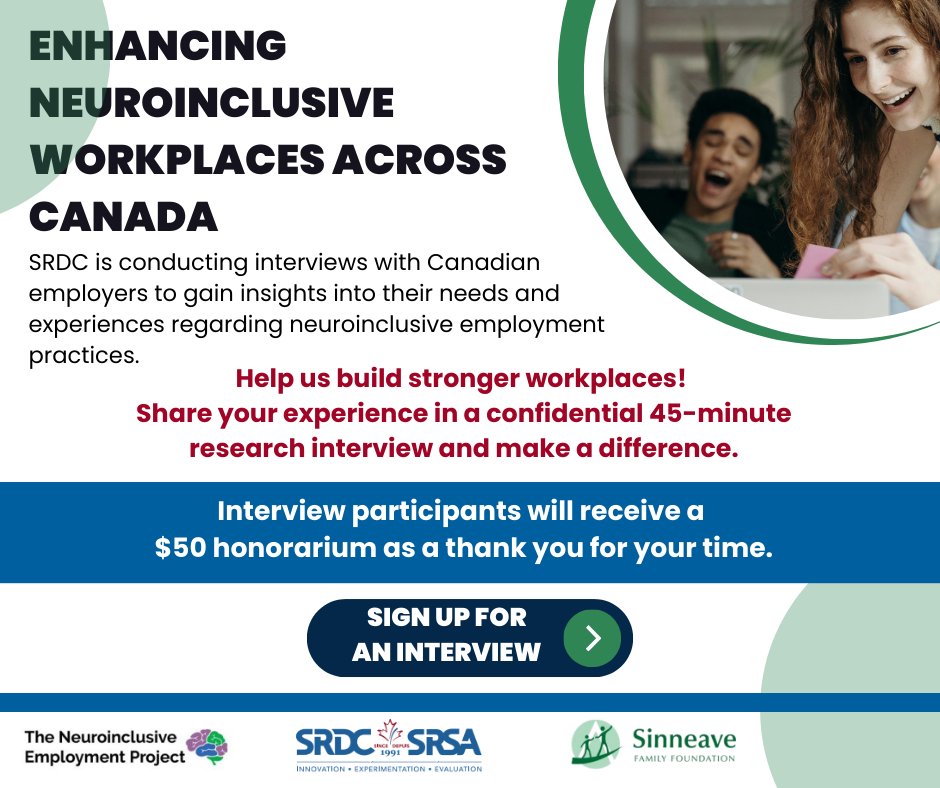 Calgary Chamber (@calgarychamber) on Twitter photo The Social Research and Demonstration Corporation  & <a href="/sinneave/">The Sinneave Family Foundation</a> Family Foundation are exploring how employers embrace neurodiversity to build strong teams. Share your insights on neurodiverse employment practices: bit.ly/3QJubLC
Participants will receive a $50 gift card. The Social Research and Demonstration Corporation  & <a href="/sinneave/">The Sinneave Family Foundation</a> Family Foundation are exploring how employers embrace neurodiversity to build strong teams. Share your insights on neurodiverse employment practices: bit.ly/3QJubLC
Participants will receive a $50 gift card.