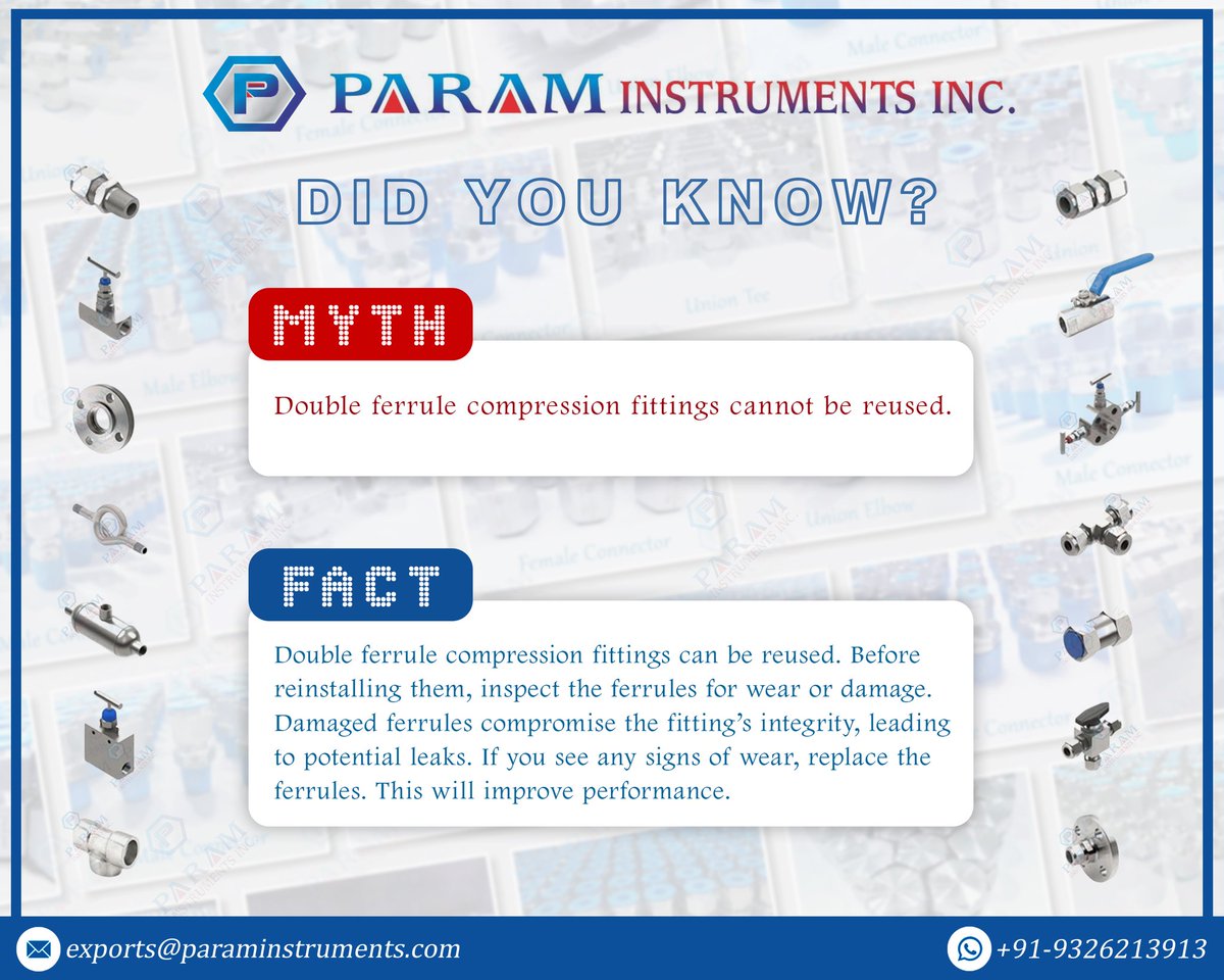 Param Instruments Inc. (@param_inc_) on Twitter photo PARAM compression tube fittings are double ferrule type fittings that provide leakproof, torque-free seals at the tubing connection.
Email : exports@paraminstruments.com
WhatsApp : +91 9326213913
#Industrial #Instrumentation #TubeFittings #Steel #FerruleFittings #MadeInIndia PARAM compression tube fittings are double ferrule type fittings that provide leakproof, torque-free seals at the tubing connection.
Email : exports@paraminstruments.com
WhatsApp : +91 9326213913
#Industrial #Instrumentation #TubeFittings #Steel #FerruleFittings #MadeInIndia