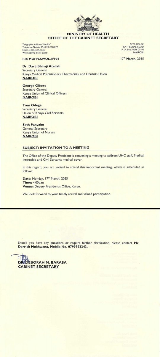 DP <a href="/KindikiKithure/">Kithure Kindiki</a> while at it remember that you cannot stitch the anus to cure diarrhoea. Irreducible minimums:POSTING LETTERS &amp; CBA  2017!
<a href="/MOH_Kenya/">Ministry of Health</a> 
<a href="/DeboraBarasa/">Dr Deborah Mlongo Barasa</a> <a href="/psmuthoni/">Mary Muthoni Muriuki, CBS, HSC</a> <a href="/KimtaiHarry/">PS Harry Kimtai</a> <a href="/WilliamsRuto/">William Samoei Ruto, PhD</a> <a href="/RailaOdinga/">Raila Odinga</a> <a href="/kmpdu/">KMPDU</a>
#PostMedicalInterns
#ImplementCBA2017
#OccupyMoH