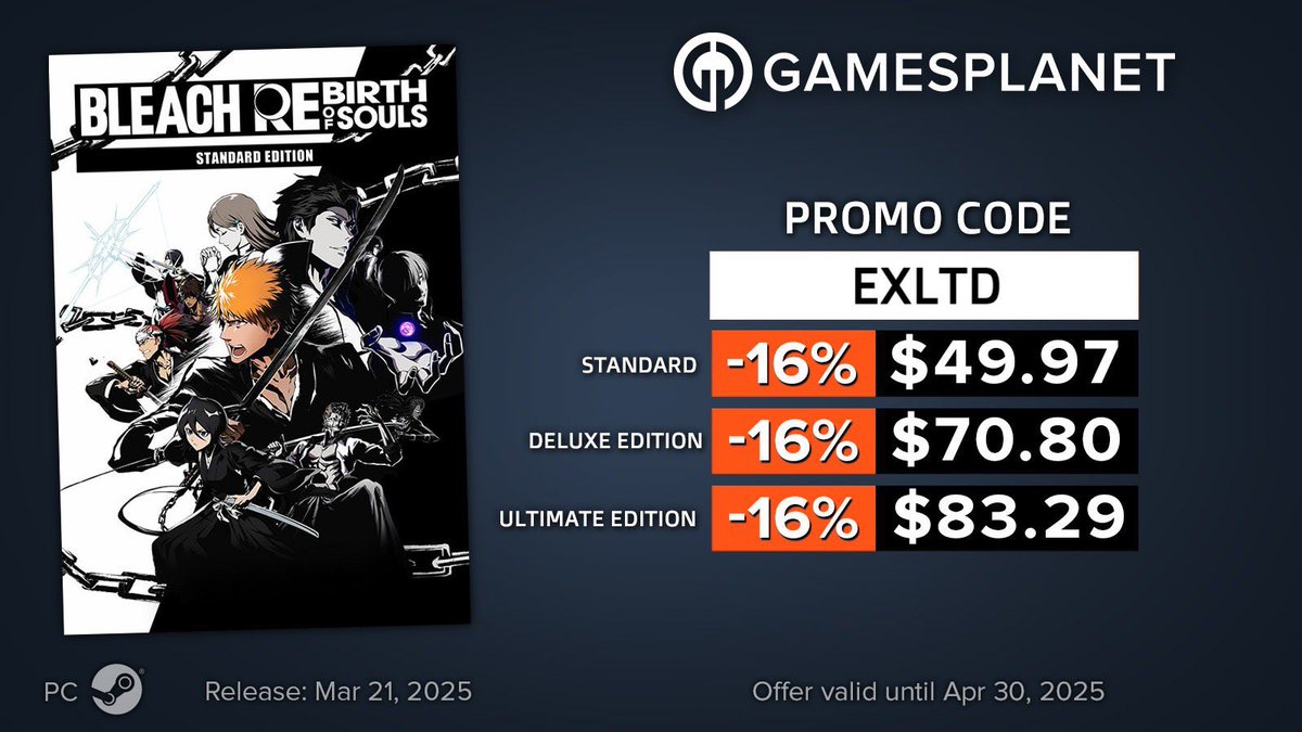 BLEACH REBIRTH OF SOULS GIVEAWAY! ⚔️ 

I Have 1 Ultimate Edition Code To Giveaway 

How To Enter ??? ⬇️ 

1. Follow Me + <a href="/GamesplanetUK/">Gamesplanet</a> 
2. Like &amp; Retweet This Post
3. Comment Below Your Favourite Bleach Character

Winner Announced Thursday 20th Of March 8PM UK Time! #BLEACHRoS