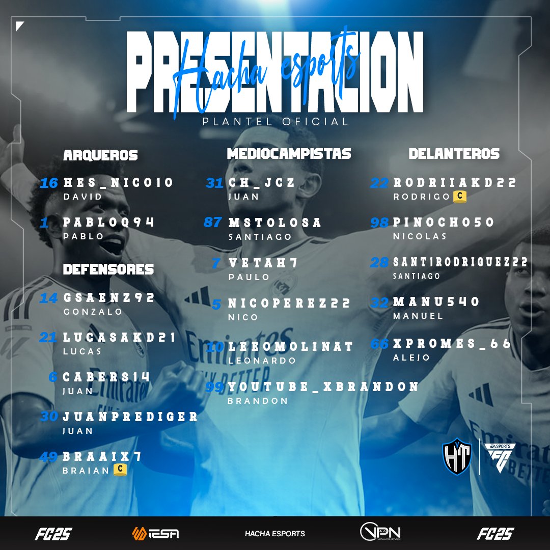 🔵 PRESENTACION || #FC25 ⚪️

Comienza una nueva temporada de <a href="/vpn_argentina/">VPN Argentina</a> y <a href="/IESAFIFAar/">IESA Argentina</a> 🔥

Estamos muy contentos de anunciar el plantel oficial que va a estar defendiendo los colores de #Hacha en la proxima temporada 💪

Vamos con todo!! 👏

#GoHacha | #EAFC25