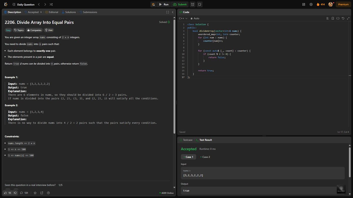 RoY_015__'s tweet photo. Day 413: Divide Array Into Equal Pairs

Given an integer array nums consisting of 2 * n integers. Return true if nums can be divided into n pairs, otherwise return false.

#leetcode #400DaysOfCode #VIT https://t.co/iFjftXN2mS