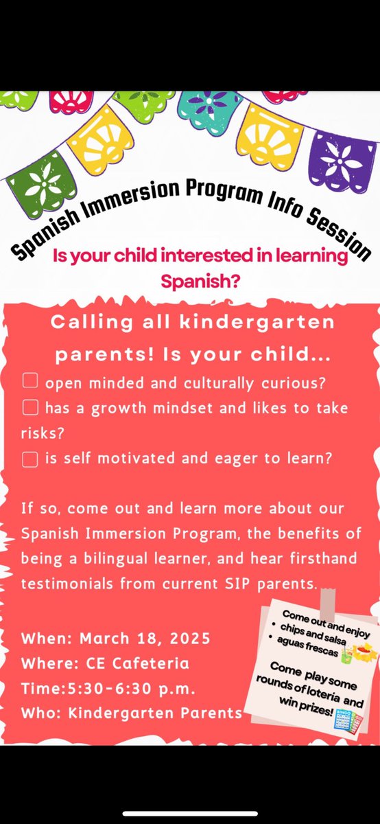 Centennial SIP (@centennial_sip) on Twitter photo Reminder 📣
Kindergarten Parents interested in the Spanish Immersion Program (SIP) are invited to an Information Session tomorrow, Tuesday, March 18th, at 5:30 PM. Learn about program details and how SIP can benefit your child. See you there! Reminder 📣
Kindergarten Parents interested in the Spanish Immersion Program (SIP) are invited to an Information Session tomorrow, Tuesday, March 18th, at 5:30 PM. Learn about program details and how SIP can benefit your child. See you there!