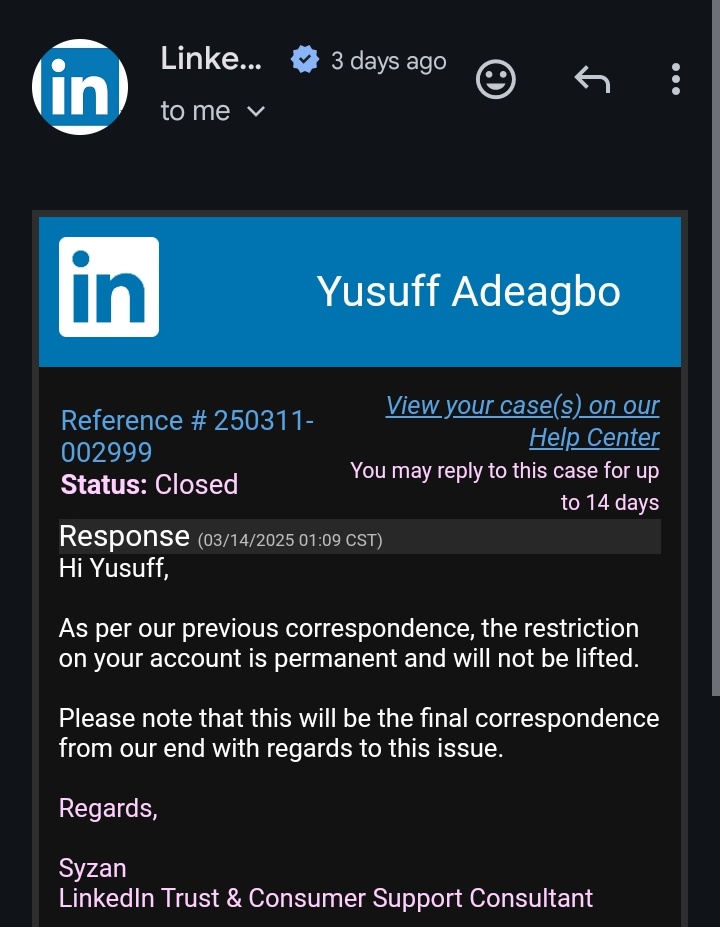 @adexzymith (@adexzymith) on Twitter photo <a href="/LinkedInHelp/">LinkedIn Help</a> My account was hijacked and later permanently restricted. I believe this was a mistake. I’ve tried appealing but haven’t received help. Please assist me in reviewing my case. Thank you. <a href="/LinkedInHelp/">LinkedIn Help</a> My account was hijacked and later permanently restricted. I believe this was a mistake. I’ve tried appealing but haven’t received help. Please assist me in reviewing my case. Thank you.