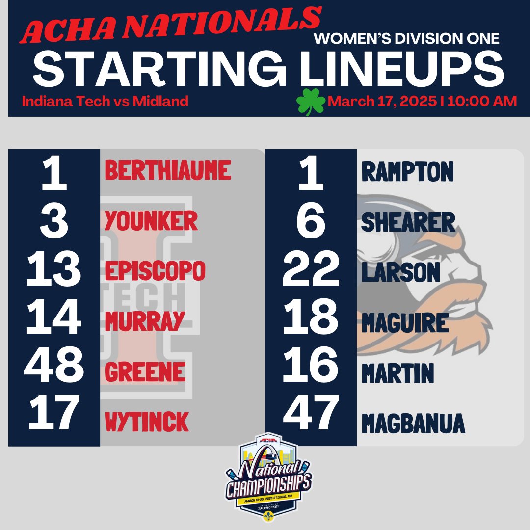 We're kicking off Day One with a battle between Warriors. Warriors of <a href="/INTechWHockey/">Indiana Tech Women's Ice Hockey</a> and Warriors of <a href="/Midland_WHKY/">Midland Women's Hockey</a>. Here are the starting line-ups! Catch all of the action at <a href="/STLCIC/">Centene Community Ice Center</a> or online with <a href="/FloHockey/">FloHockey</a>! #achanationals2025