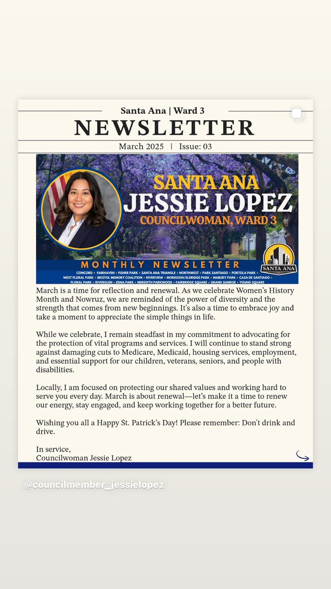 VoteJessieLopez's tweet photo. 🚨 March Newsletter is out! 🚨

This month, we’re celebrating Women’s History Month &amp; Nowruz while sharing key updates:

✅ Street Medicine expansion
✅ Parking Study next steps
✅ Japanese Tea House Spotlight 

📩 Read more: https://t.co/nzcH5GEpPE

 #CommunityFirst #TeamJLO https://t.co/47TPOFsNHd