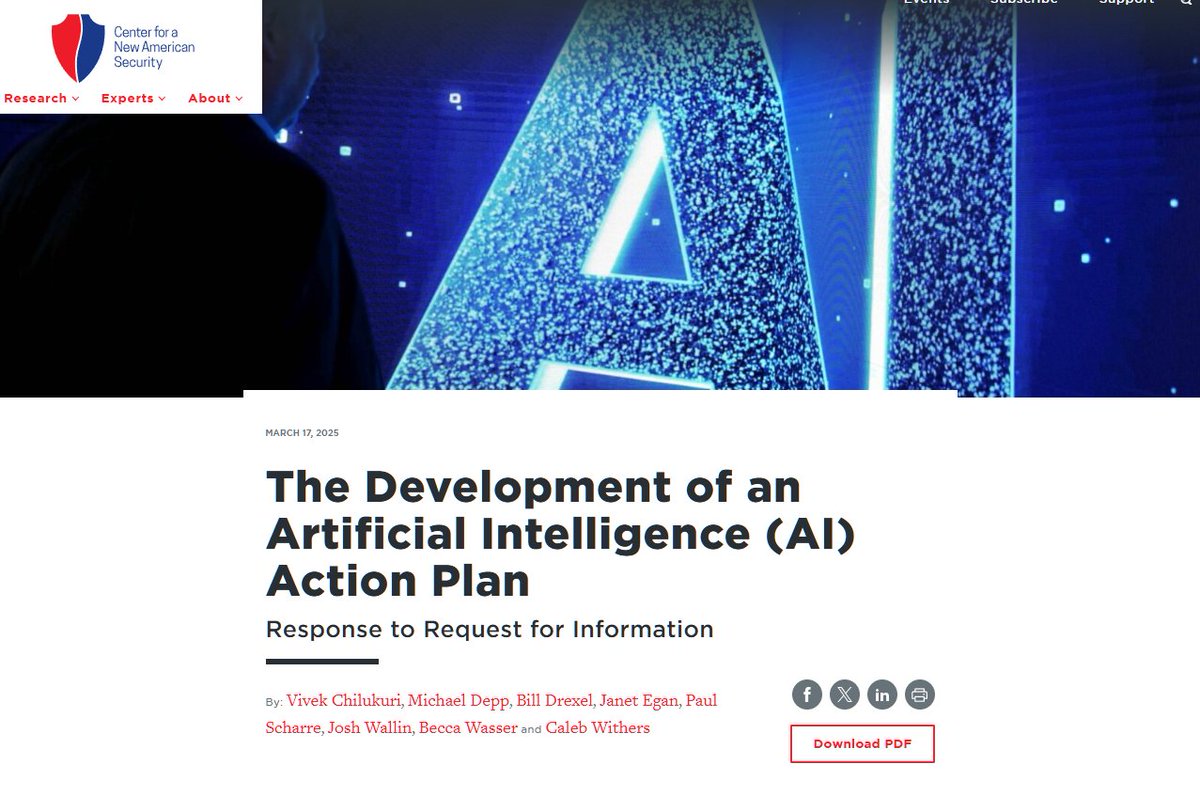 As the Trump administration develops its AI Action Plan, they've put out a call for recommendations. Last week, several of us at <a href="/CNASdc/">CNAS</a> outlined 15 pages of ideas to promote and protect America's AI edge. I'll highlight a few below, with a link to the full list at the end. 🧵