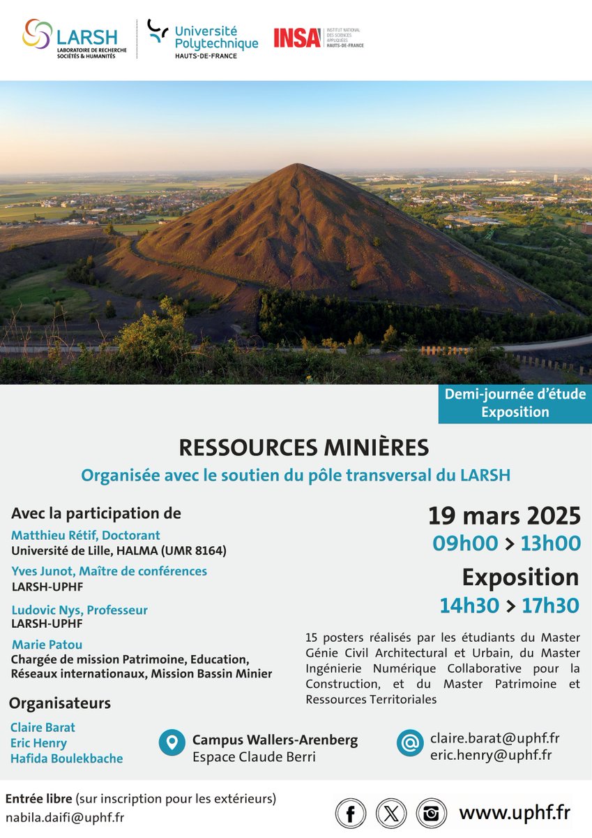 ➡️Demi-journée d'étude "Ressources minières"

🗓️19 mars 2025
📍Campus Wallers-Arenberg, Espace Claude Berri

ℹ️uphf.fr/larsh/actualit…

<a href="/UphfOfficiel/">Université Polytechnique Hauts-de-France</a>