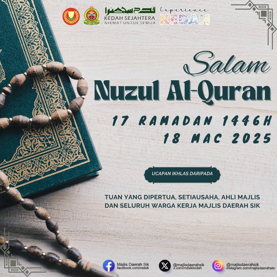 Selamat menyambut Nuzul Quran kepada seluruh umat Islam. Marilah kita sambut kedatangan malam penuh berkah ini dengan hati yang terbuka, tekad yang teguh, dan keinginan yang besar untuk terus memperdalam penghayatan dan pengamalan ajaran Al-Quran dalam setiap aspek kehidupan.
