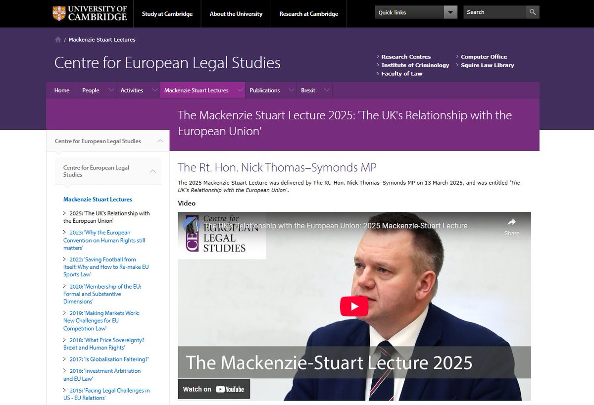 📢On Thursday the <a href="/EULegalStudies/">CELS</a> annual Mackenzie Stuart Lecture was delivered by <a href="/NickTorfaen/">Nick Thomas-Symonds</a> who laid out a vision of the future of 'The UK's Relationship with the European Union'. Video, audio and photographs at:

🔗cels.law.cam.ac.uk/mackenzie-stua…

#MSL25 #EU #EuropeanUnion