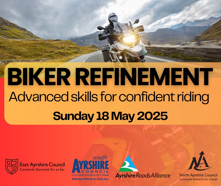 Run in partnership with <a href="/roadsafetyNAC/">North Ayrshire Road Safety</a>  Biker Refinement aims to help you advance your biking skills and build your confidence.

Secure your spot -  orlo.uk/vJE10

<a href="/EastAyrshire/">East Ayrshire</a> <a href="/southayrshire/">South Ayrshire Council</a> <a href="/North_Ayrshire/">North Ayrshire Council</a>