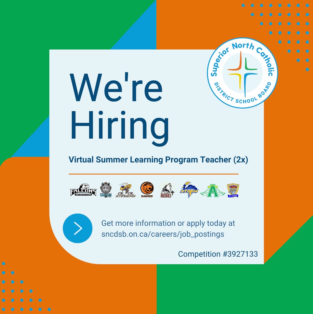 Internal job posting for Virtual Summer Learning Program Teacher (2x) Competition Number #3927133

Applicants must submit their application to sncdsb.simplication.com by March 28, 2025, at 4:00 pm.