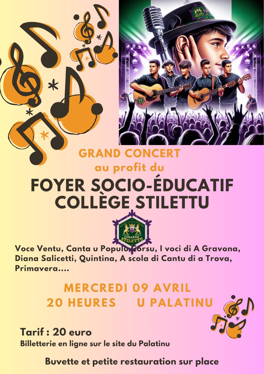 Concert exceptionnel organisé en soutien au Foyer socio-éducatif du collège Stilettu 🎹🎶🎷🎻 🎤 
Merci <a href="/UPalatinu/">U Palatinu</a> <a href="/VilledAjaccio/">Ville d’Ajaccio - Cità d'Aiacciu</a> <a href="/pays_ajaccien/">CAPA</a> <a href="/accorse/">Académie de Corse</a> et aux artistes!! 
Mercredi 9 avril 2025 20h au Palatinu
👇 pour acheter vos places 🎫 !! 
helloasso.com/associations/f…
