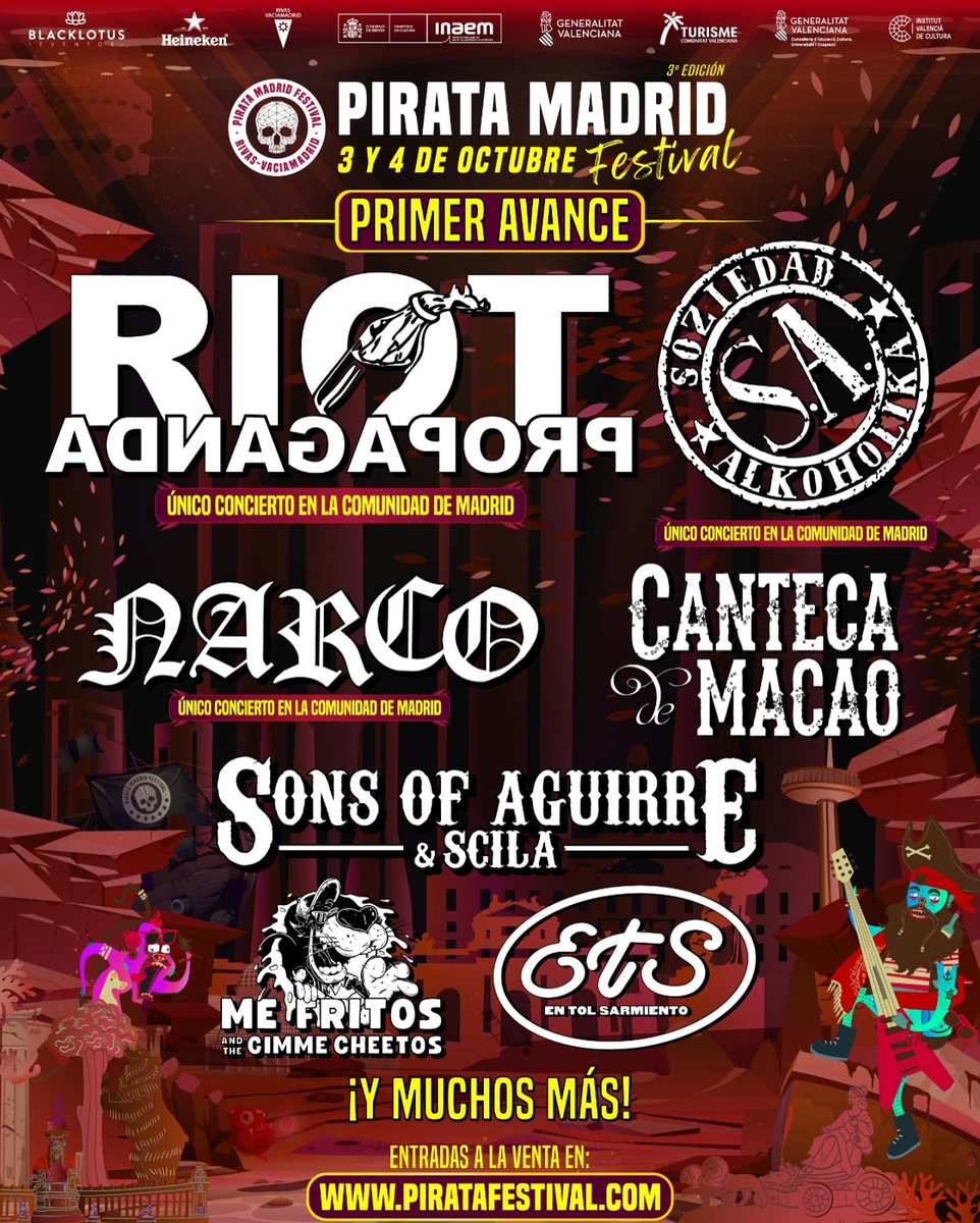 Conciertos en Madrid (@conciertosenmad) on Twitter photo A falta de nuevas confirmaciones así esta de momento el cartel del Pirata Madrid.
<a href="/SoziAlkoholika/">SOZIEDAD ALKOHOLIKA</a> <a href="/RiotPropaganda_/">Riot Propaganda</a> #narco <a href="/cantecademacao/">Canteca de Macao</a> <a href="/SonsofAguirre/">Sons of Aguirre</a> <a href="/MeFritos/">Me Fritos</a> <a href="/EnTolSarmiento/">En Tol Sarmiento ETS</a>
piratafestival.com/es/madrid/entr… A falta de nuevas confirmaciones así esta de momento el cartel del Pirata Madrid.
<a href="/SoziAlkoholika/">SOZIEDAD ALKOHOLIKA</a> <a href="/RiotPropaganda_/">Riot Propaganda</a> #narco <a href="/cantecademacao/">Canteca de Macao</a> <a href="/SonsofAguirre/">Sons of Aguirre</a> <a href="/MeFritos/">Me Fritos</a> <a href="/EnTolSarmiento/">En Tol Sarmiento ETS</a>
piratafestival.com/es/madrid/entr…