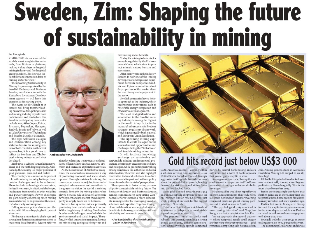 Zimbabwe Investment and Development Agency (@zidainvest) on Twitter photo The <a href="/SwedeninZW/">Sweden in Zimbabwe đ¸đŞ</a> , <a href="/BusinessSweden/">Business Sweden</a>, and <a href="/zidainvest/">Zimbabwe Investment and Development Agency</a> are hosting an exclusive business networking event on sustainability in mining!
đ Read more: sundaymail.co.zw/sweden-zim-shaâŚ
#MiningZimbabwe #InvestmentOpportunities #SwedishMiningExpo The <a href="/SwedeninZW/">Sweden in Zimbabwe đ¸đŞ</a> , <a href="/BusinessSweden/">Business Sweden</a>, and <a href="/zidainvest/">Zimbabwe Investment and Development Agency</a> are hosting an exclusive business networking event on sustainability in mining!
đ Read more: sundaymail.co.zw/sweden-zim-shaâŚ
#MiningZimbabwe #InvestmentOpportunities #SwedishMiningExpo