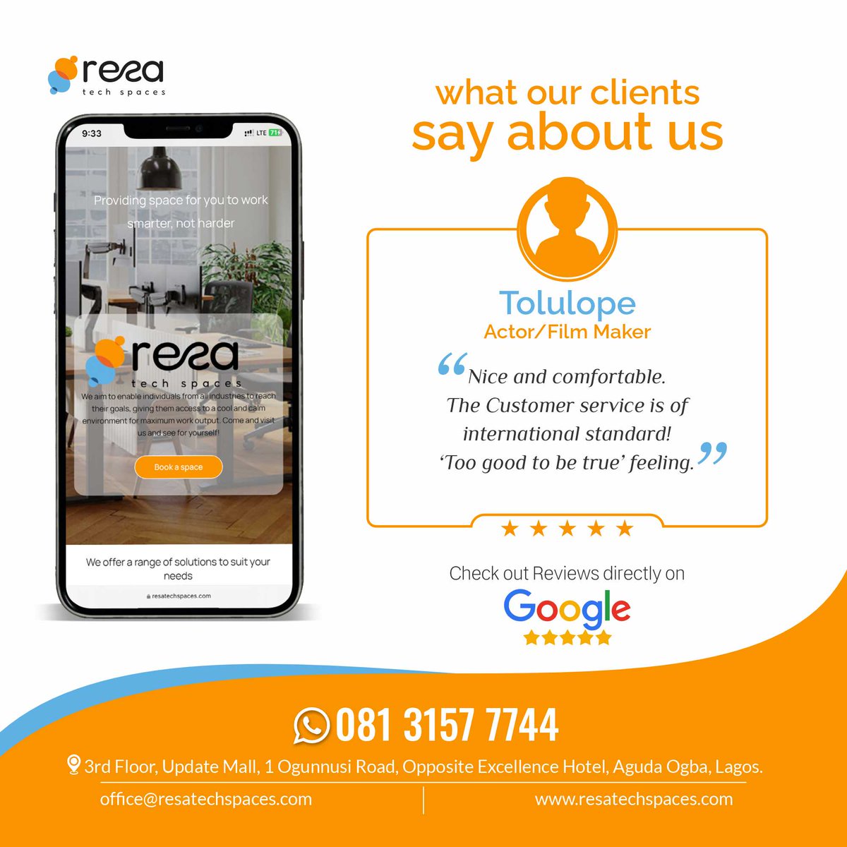 resa_techspaces's tweet image. We don’t joke with Customer Experience. 
Our Customer Relationship Specialists just know how to make our guests feel special.
You should come and experience something different from the norm.

#coworking #ogba #customerfeedback #customersatisfaction✔️ #workingtogether