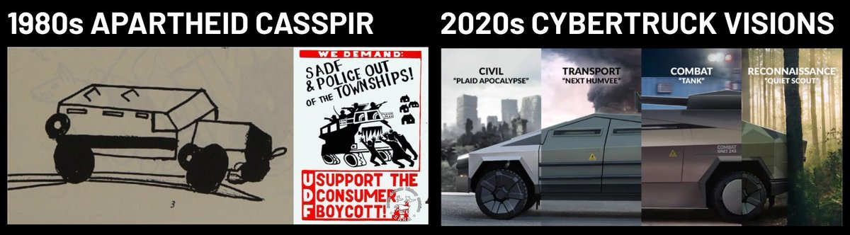 Nana Osei-Opare (@nanaoseiopare) on Twitter photo Having been raised in #SouthAfrica & study & teach its history, I was struck by the familiarity of the #Cybertruck & the apartheid-era Casspir that patrolled the townships.
<a href="/TIME/">TIME</a> <a href="/sampjacobs/">Sam Jacobs</a> pulled it despite legal’s okay. slate.com/news-and-polit… <a href="/themorningsnows/">Vivian Chenxue Lu</a> Having been raised in #SouthAfrica & study & teach its history, I was struck by the familiarity of the #Cybertruck & the apartheid-era Casspir that patrolled the townships.
<a href="/TIME/">TIME</a> <a href="/sampjacobs/">Sam Jacobs</a> pulled it despite legal’s okay. slate.com/news-and-polit… <a href="/themorningsnows/">Vivian Chenxue Lu</a>