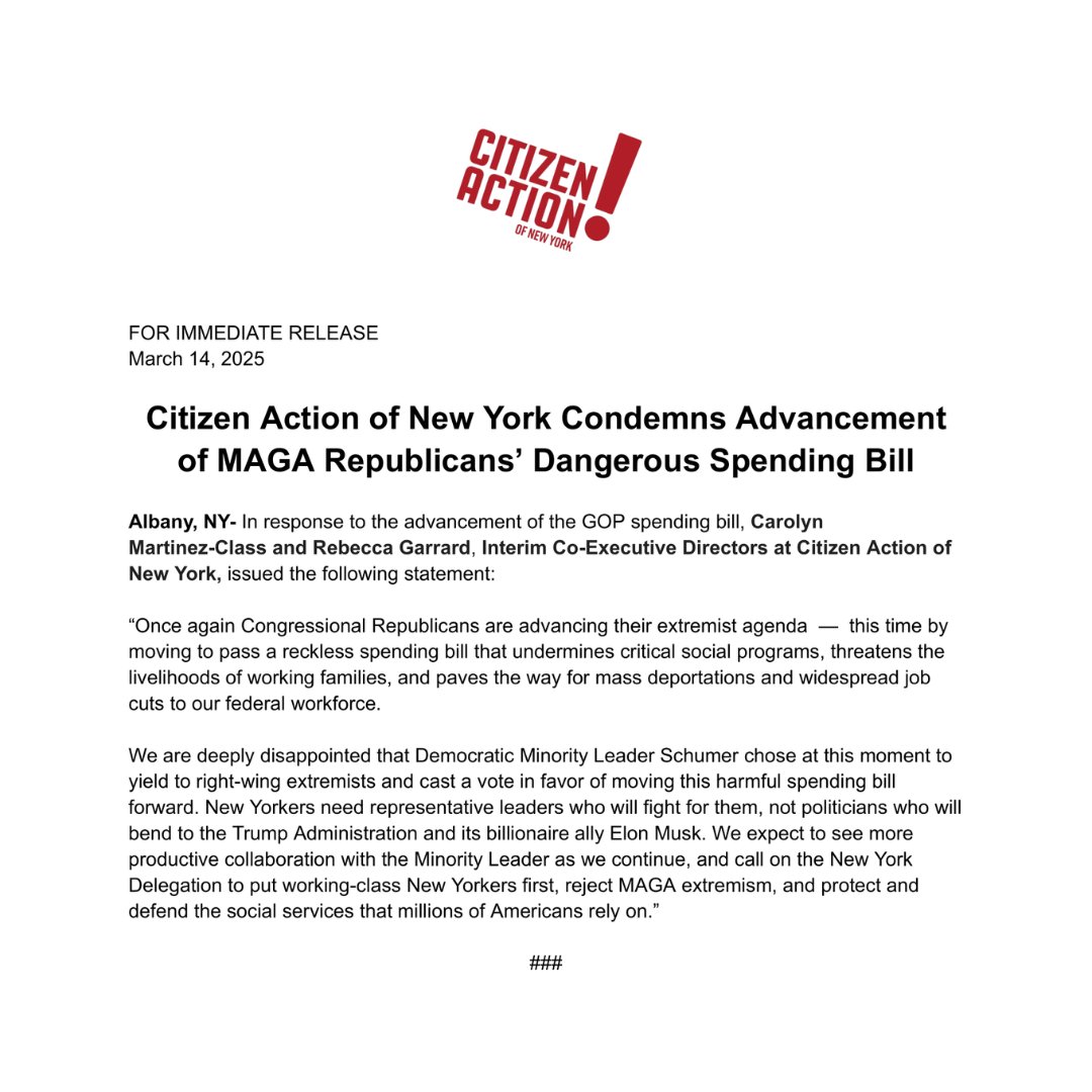 "We...call on the New York Delegation to put working-class New Yorkers first, reject MAGA extremism, and protect and defend the social services that millions of Americans rely on.”