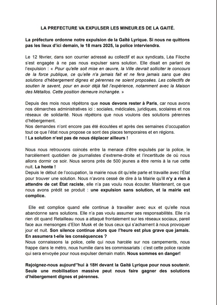 MSolidarites's tweet photo. 🔴L'HEURE EST GRAVE ! 
🤜Urgence Gaité lyrique occupée - Avis d'expulsion avant demain, appel à la la solidarité et la résistance ! 

Faites circuler partout, la préfecture ordonne l'expulsion de la gaité lyrique avant demain, ne laissons pas faire, soyons nombreux·se·s à 18H00. https://t.co/C5sNfDsfmz