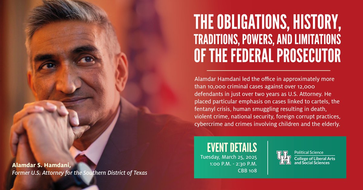 We are excited to be hosting Alamdar S. Hamdani, a former U.S. Attorney. Hamdani will talk about the role of federal prosecutors. The talk will be on March 25th at 1-2:30 pm in CBB 108. See the full details on the flier.