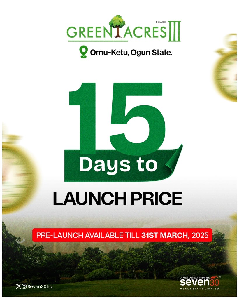 Seven30hq's tweet image. Still selling fast.

Don’t miss out on our pre-launch offer, available for a limited time only!

Secure your spot at the unbeatable launch price before it’s too late! offer ends March 31st, 2025.

Send us a DM to secure your spot.

#Realestate #landinogunstate #prelaunchoffer