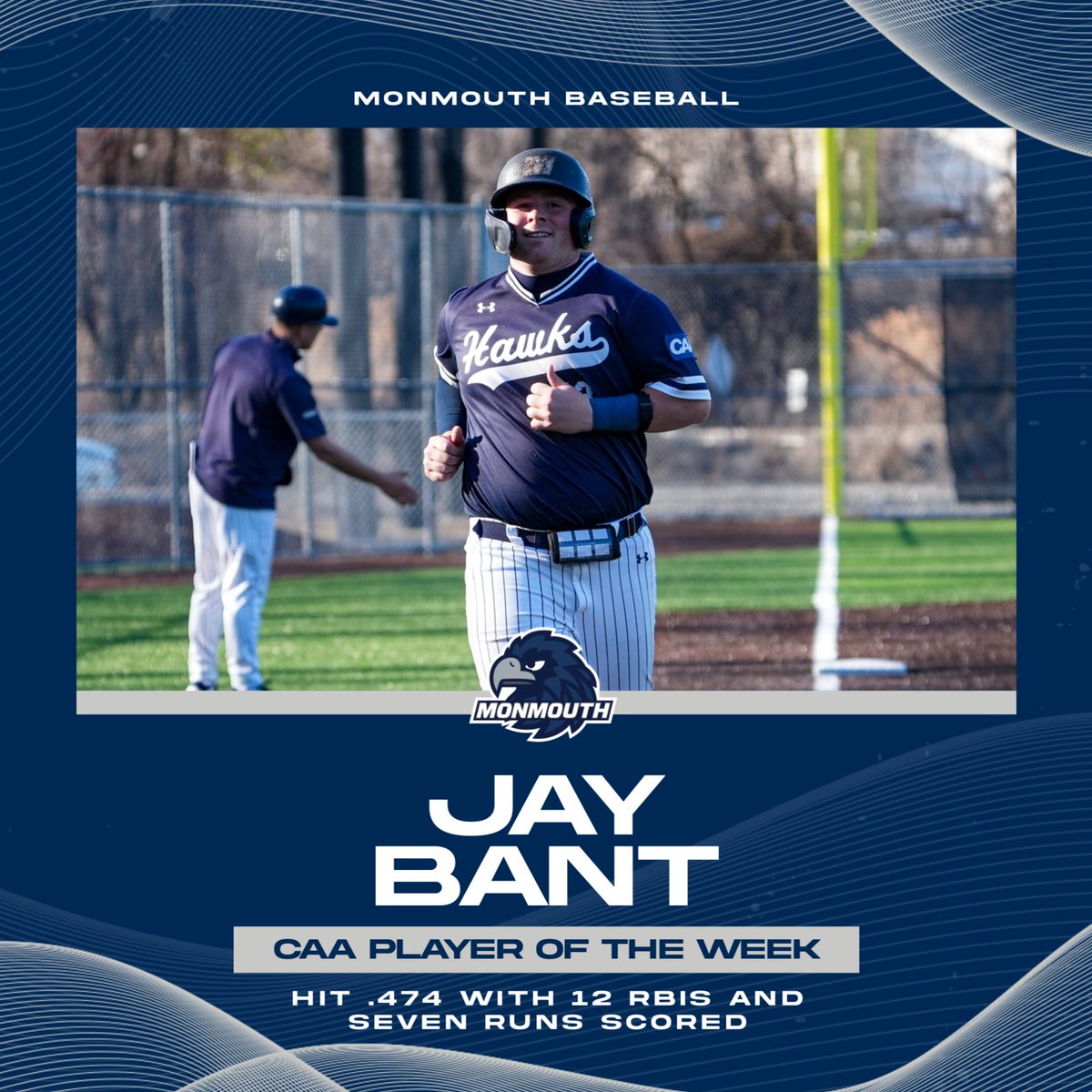 Monmouth Hawks (@monmouthhawks) on Twitter photo Red hot at the plate!
Jay Bant hit .474 with 12 RBIs to help <a href="/MUHawksBaseball/">Monmouth Baseball</a> go 5-0 last week. He was named the CAA Player of the Week for his efforts.
#FlyHawks Red hot at the plate!
Jay Bant hit .474 with 12 RBIs to help <a href="/MUHawksBaseball/">Monmouth Baseball</a> go 5-0 last week. He was named the CAA Player of the Week for his efforts.
#FlyHawks
