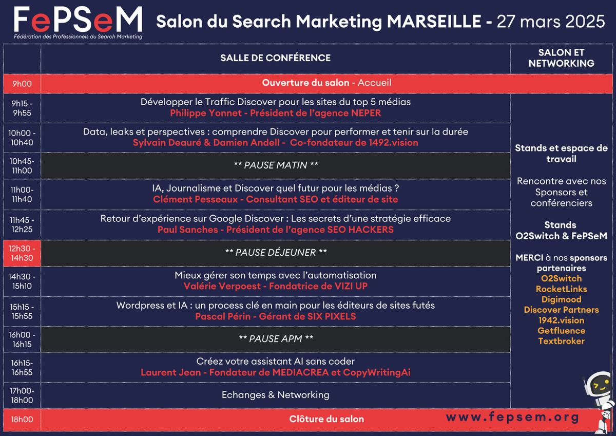 🔥 Le programme du salon du #SearchMarketing by <a href="/FePSeM/">FePSeM</a>  est en ligne !

Rendez-vous à Marseille, le 27 mars prochain pour vous perfectionner dans #GoogleDiscover mais également gagner du temps et performer avec l'#IA et l'#automatisation

📢 Le salon est 𝗚𝗥𝗔𝗧𝗨𝗜𝗧*

Il est