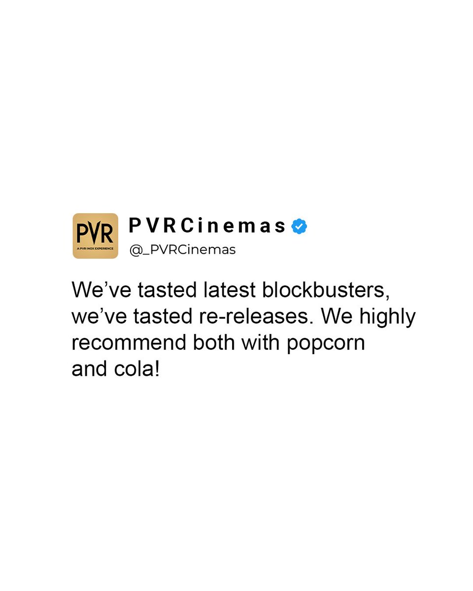 _PVRCinemas's tweet photo. New hits or curated shows, every movie is better with popcorn and cola! Whatβs your ultimate cinema combo? πΏπ₯€
.
.
.
#PVRINOX #CinematicExperience #Trend #Brands #CuratedShows #LatestBlockbusters https://t.co/vw6xwJ6Xo5