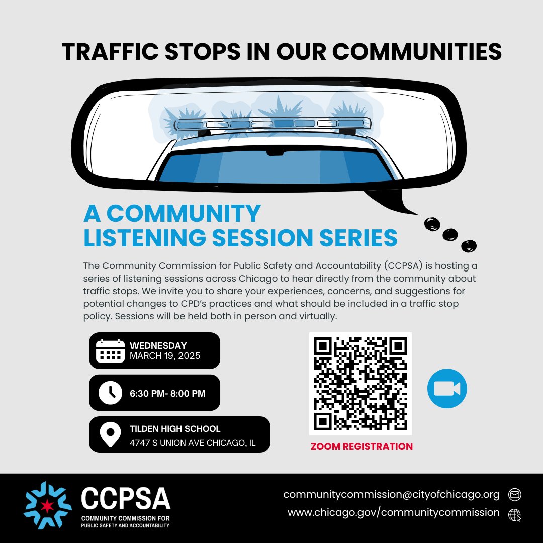 🗓 March 19, 2025 | 📍 Tilden High School | ⏰ 6:00 PM
A special meeting will take place before our scheduled Traffic Stops Listening Session. Learn about the Commission’s work on traffic stops and the next steps in the policy development process.