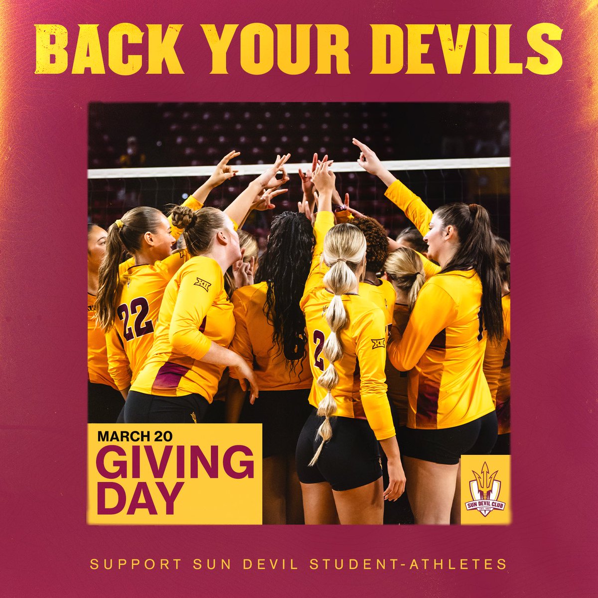 Giving Week is here! 🫶

This week, we ask our fans to help our program by donating. Every bit helps us push our potential and continue to grow as a team! 💛

Thursday, March 20, is Giving Day, when ASU makes its biggest push. 

We hope you consider donating to our program! Head