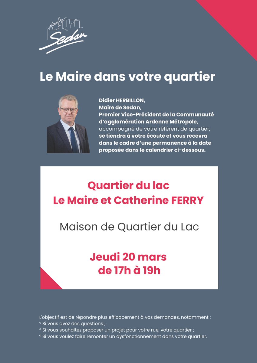 villedesedan's tweet photo. Le maire dans votre quartier !
Demain, jeudi 20 mars, @HerbillonDidier, maire de #Sedan, accompagné de Catherine Ferry, conseillère municipale, vous recevra de 17h à 19h à la maison de #quartier du Lac.
Retrouvez le calendrier des #permanences : https://t.co/qJZOSuXJfx https://t.co/NGFzHTSAwH
